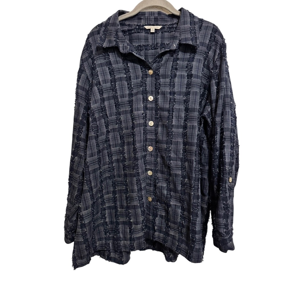 John Mark Button Up Shirt Womens 1X Navy Blue Plaid Boho Raw‎ Edge Textured Top